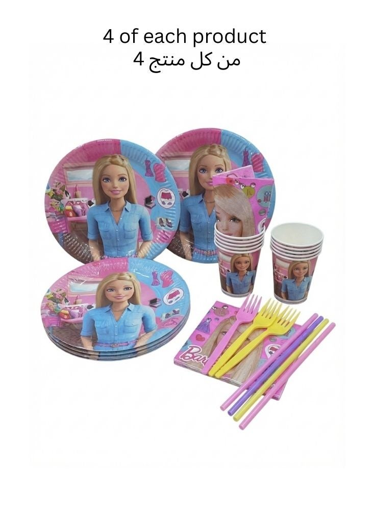 Barbie Party Tableware Set – Barbie Character Plates, Cups, Napkins, Forks & Straws (4 of Each) - Image 1